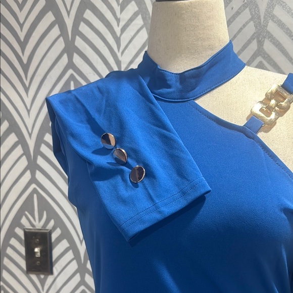 NWOT Vibrant Blue Mini Sheath Dress with Long Sleeves and Asymmetrical Neckline - Picture 6 of 10
